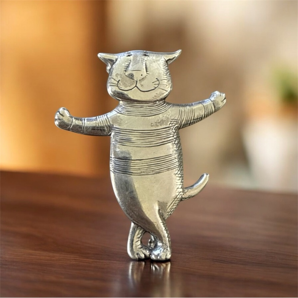 EMAN GOVEY Sterling Silver 925 Wimsical Etched Dancing Cat Kitty Brooch Pin Gift - Picture 2 of 9